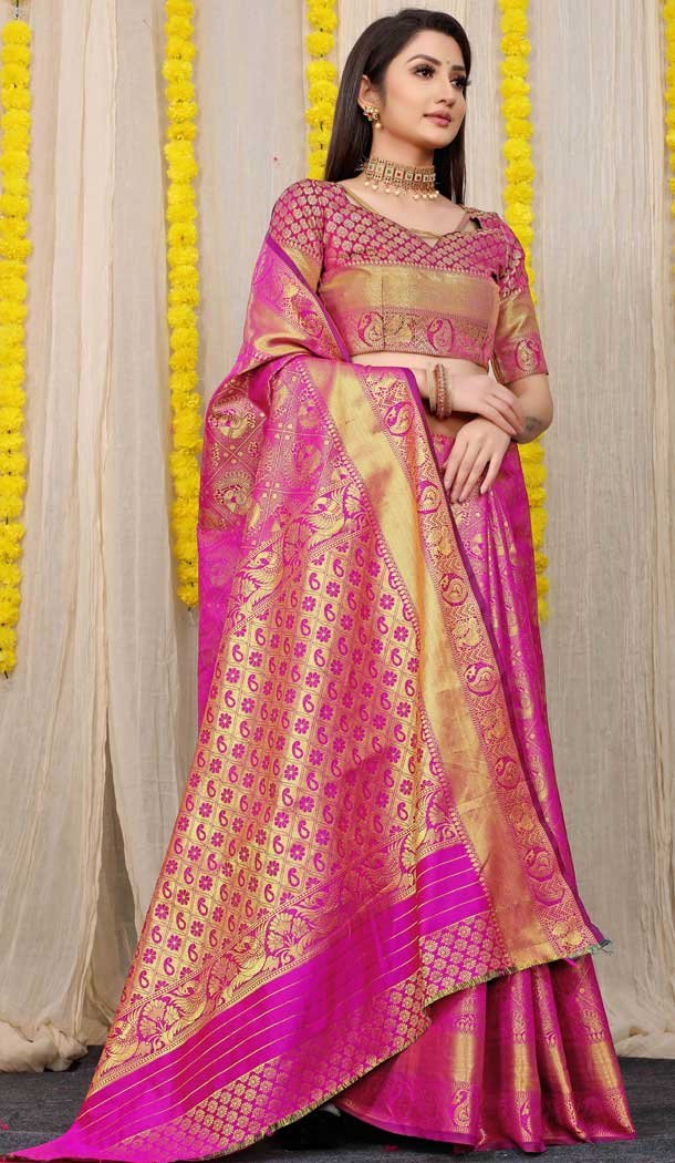 Pink Color Kanchipuram Silk Traditional Wear Saree With Jacquard Work -4591155761