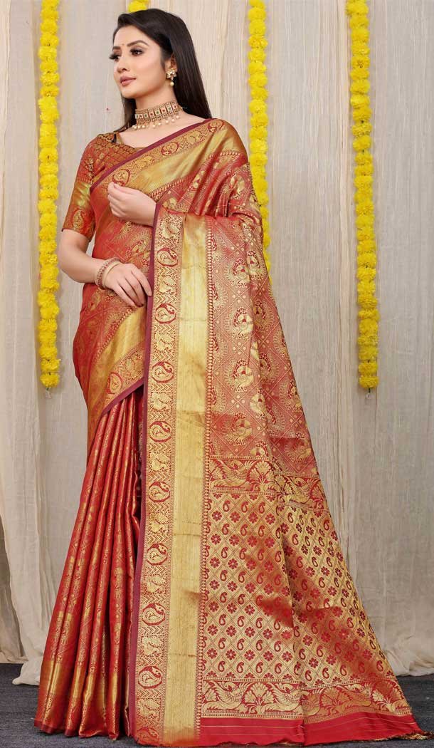 Dark Red Color Kanchipuram Silk Traditional Wear Saree With Jacquard Work -4591155762