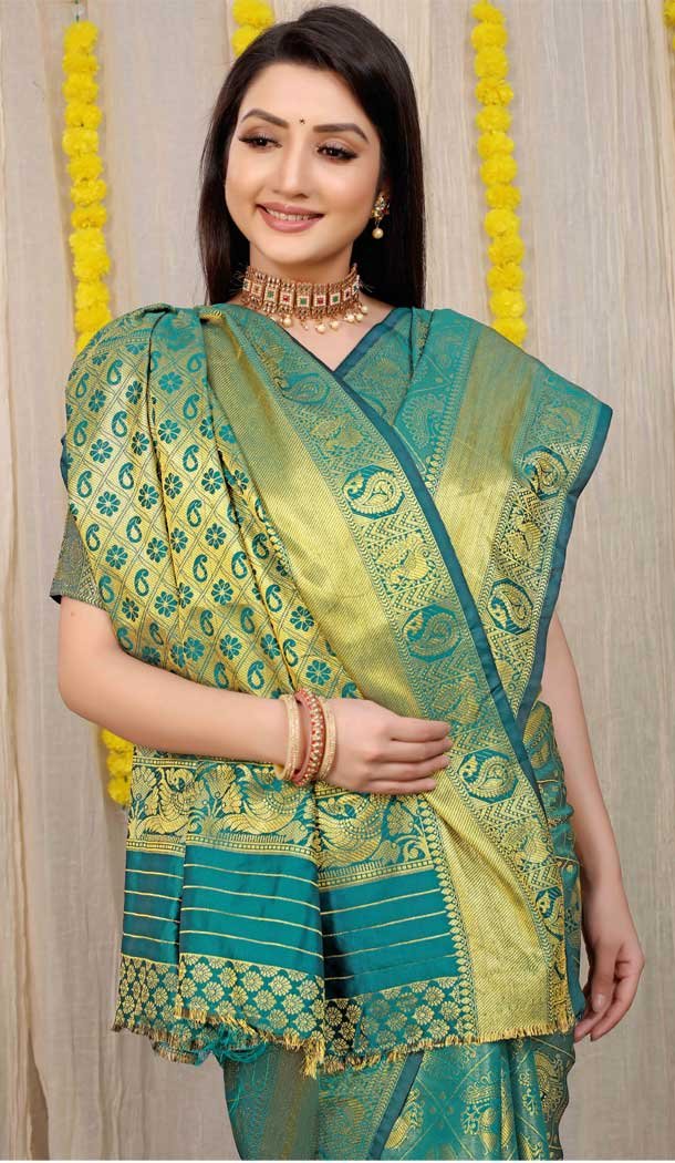 Rama Color Kanchipuram Silk Traditional Wear Saree With Jacquard Work -4591155763