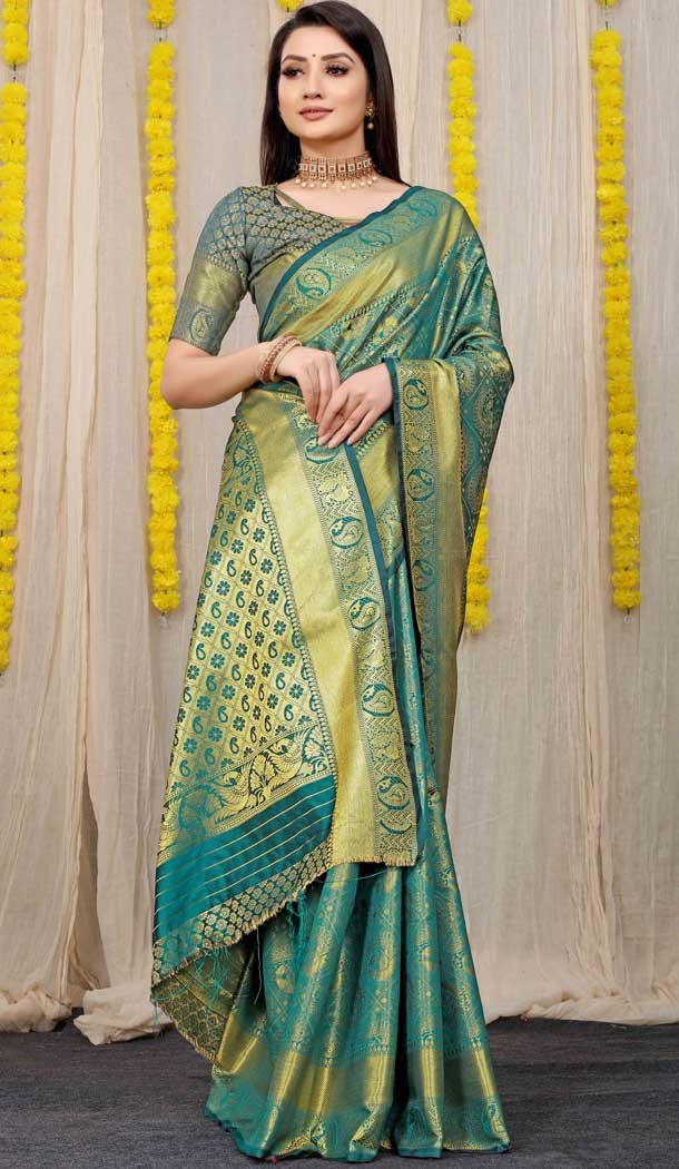 Rama Color Kanchipuram Silk Traditional Wear Saree With Jacquard Work -4591155763