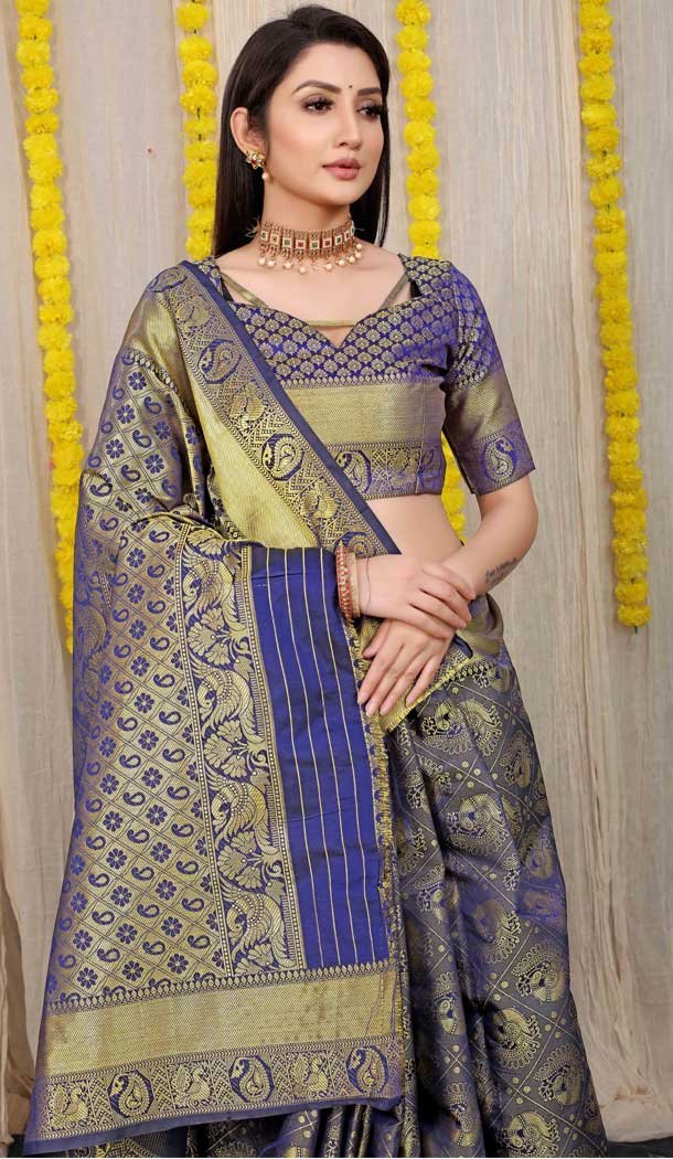 Navy Blue Color Kanchipuram Silk Traditional Wear Saree With Jacquard Work -4591155764