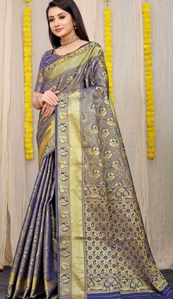 Navy Blue Color Kanchipuram Silk Traditional Wear Saree With Jacquard Work -4591155764