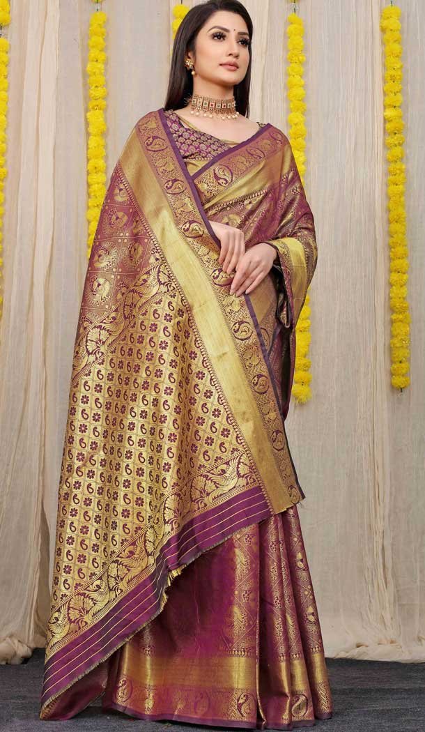 Wine Color Kanchipuram Silk Traditional Wear Saree With Jacquard Work -4591155765