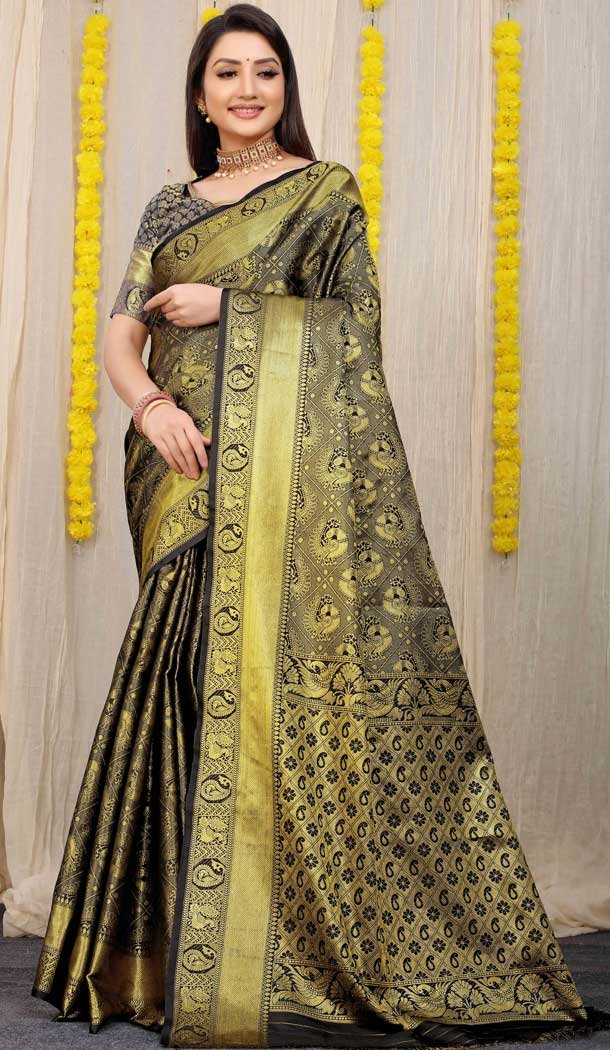 Black Color Kanchipuram Silk Traditional Wear Saree With Jacquard Work -4591155766