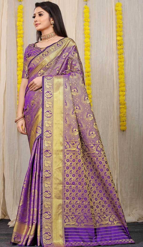 Purple Color Kanchipuram Silk Traditional Wear Saree With Jacquard Work -4591155767