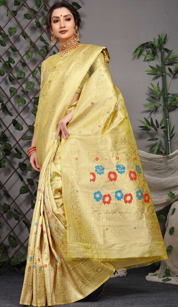 Traditional Party Wear Banarasi Silk Saree With Jacquard Work In Lemon Yellow Color -4593155781