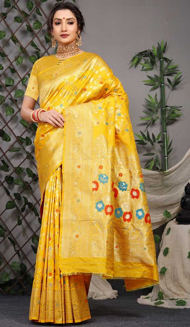 Traditional Party Wear Banarasi Silk Saree With Jacquard Work In Mustard Color -4593155783