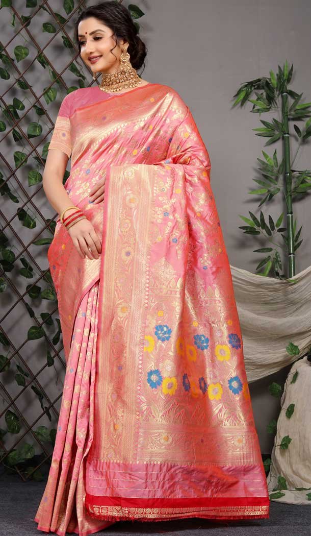 Traditional Party Wear Banarasi Silk Saree With Jacquard Work In Pink Color -4593155784