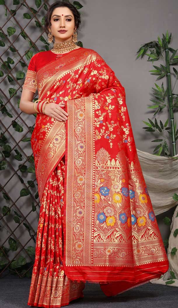 Traditional Party Wear Banarasi Silk Saree With Jacquard Work In Red Color -4593155785