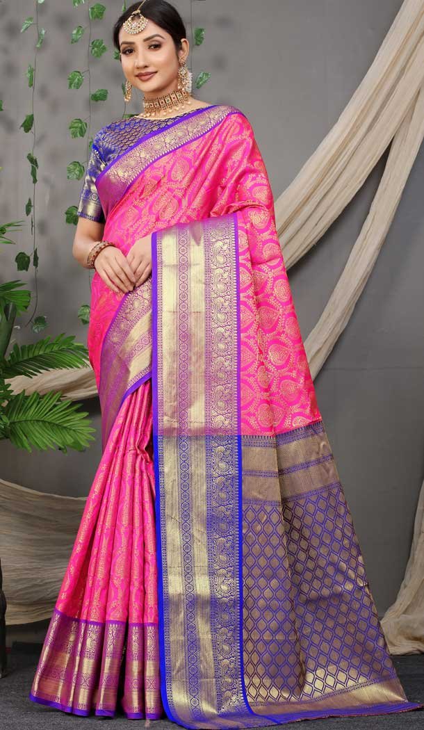 Rani Pink Color Jacquard Work Traditional Wear Banarasi Silk Saree Blouse -4594155786