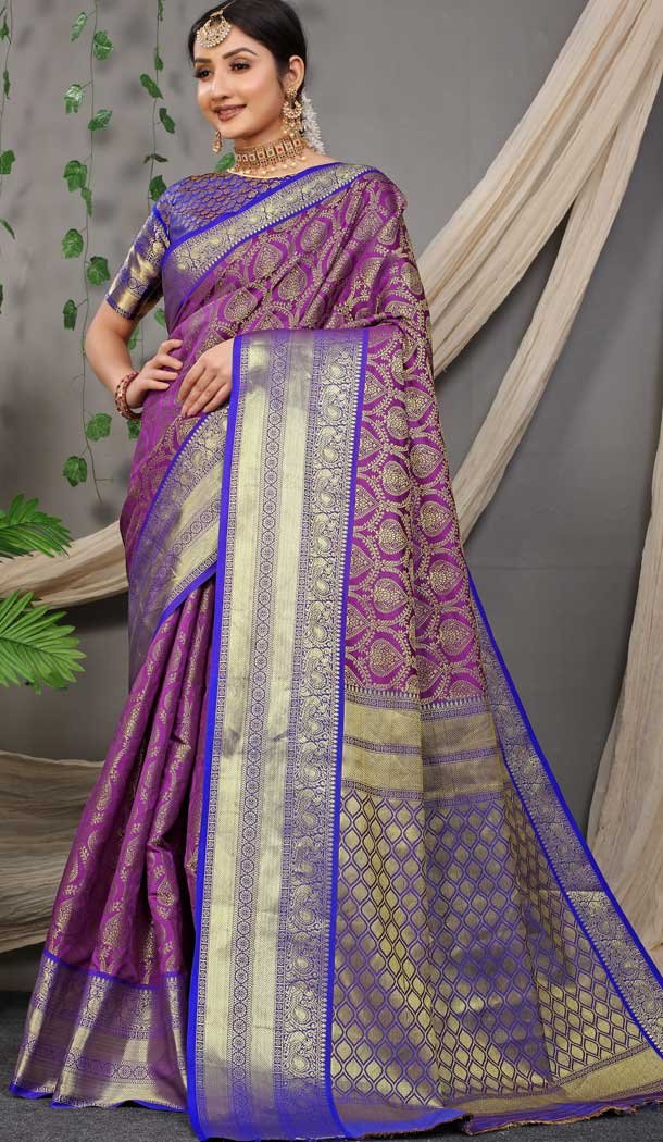 Purple Color Jacquard Work Traditional Wear Banarasi Silk Saree Blouse -4594155795