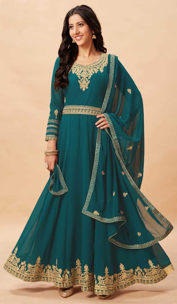 Charming Teal Blue Color Faux Georgette Embroidery Work Anarkali Style Suit -4635156245