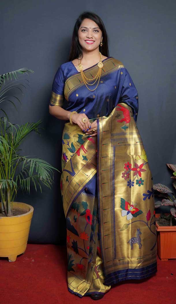 Navy Blue Color Paithani Silk Jacquard Work Traditional Wear Plus Size Saree -4638156257