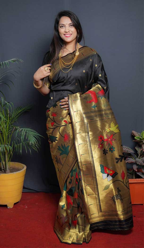 Black Color Paithani Silk Jacquard Work Traditional Wear Plus Size Saree -4638156259