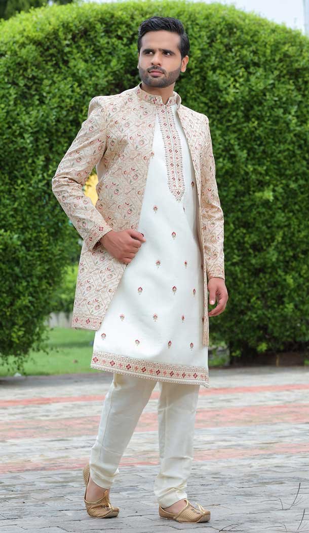 Wedding Wear Off White Color Soft Art Silk Embroidery Work Men’s Sherwani -4667156520