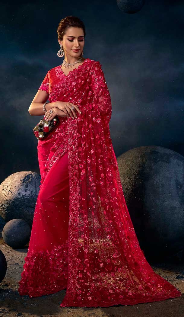 Red Color Net Diamond Moti Work Designer Wedding Wear Saree Blouse -4671156588