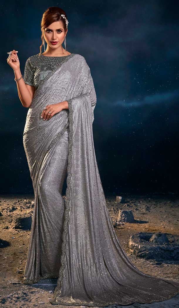 Grey Color Imported Diamond Moti Work Designer Wedding Wear Saree Blouse -4671156590