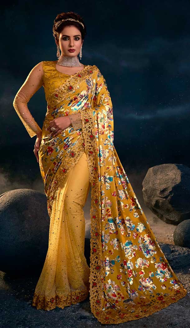 Mustard Color Net Diamond Moti Work Designer Wedding Wear Saree Blouse -4671156592