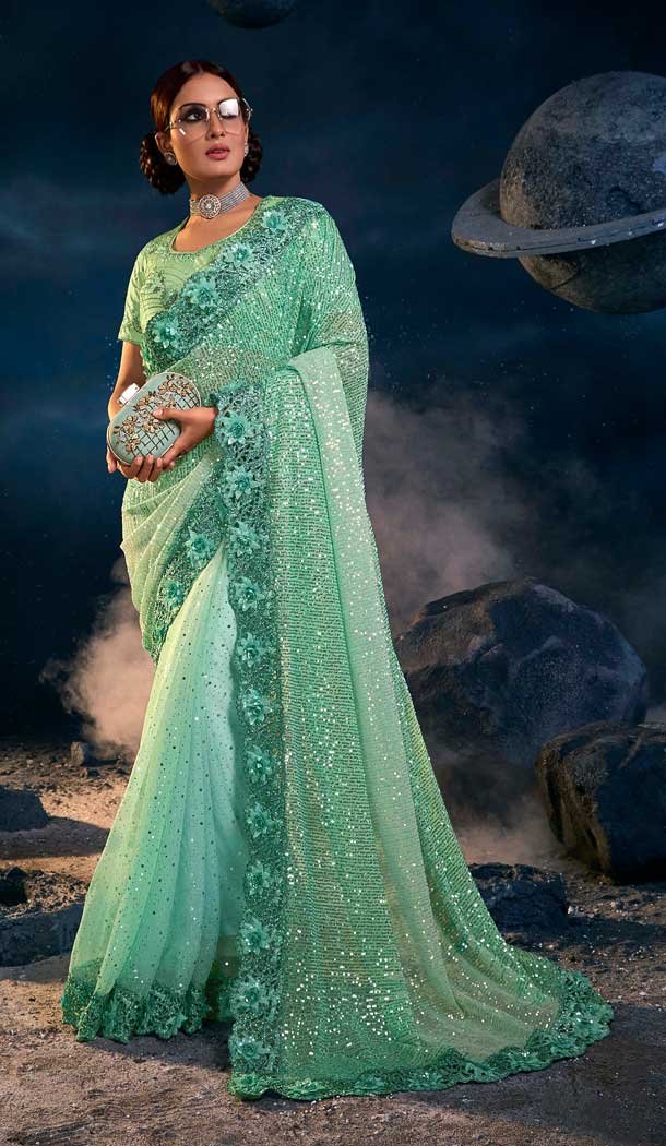 Sea Green Color Imported Diamond Moti Work Designer Wedding Wear Saree Blouse -4671156593