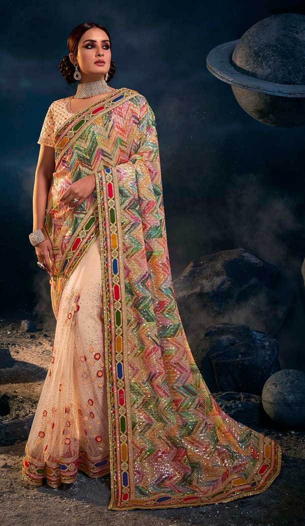 Peach Color Imported And Net Diamond Moti Work Designer Wedding Wear Saree Blouse -4671156595