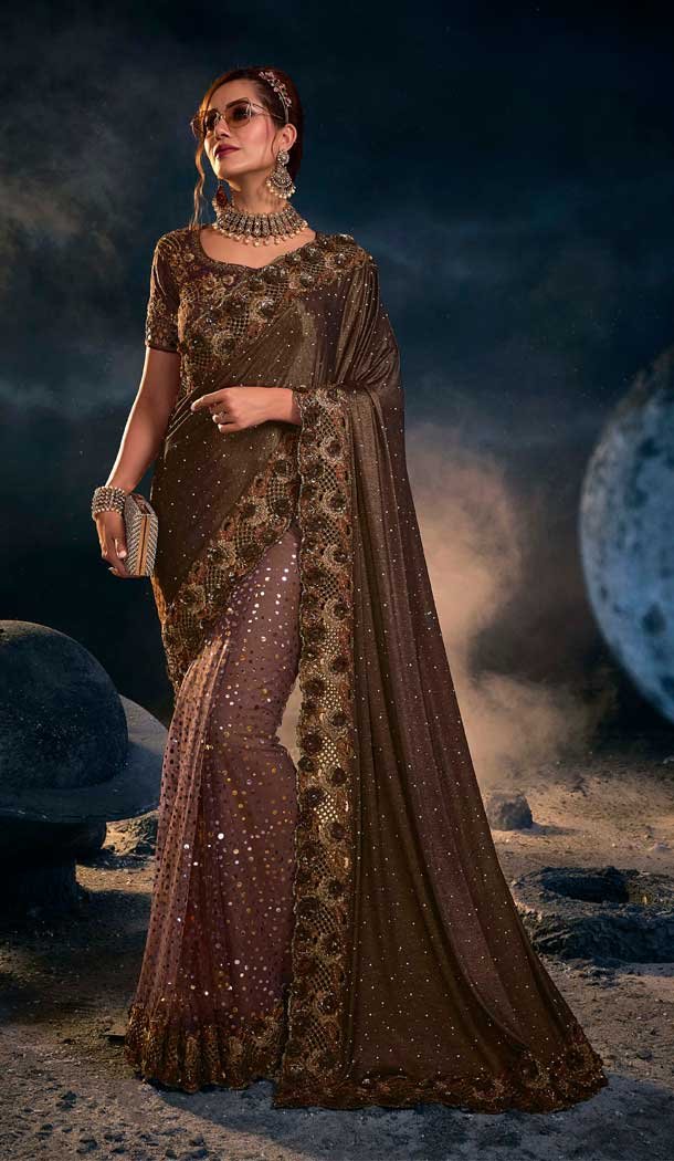 Chocolate Color Imported And Net Diamond Moti Work Designer Wedding Wear Saree Blouse -4671156596