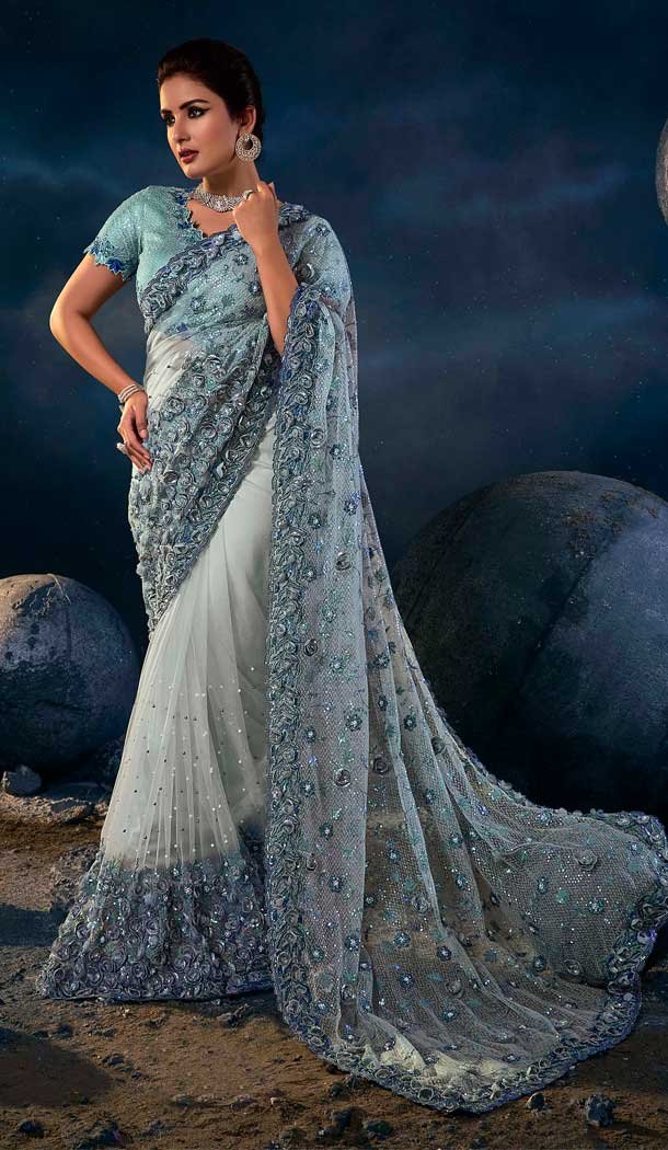 Diamond Moti Work Grey Color Net Designer Designer Wedding Wear Saree Blouse -4671156597