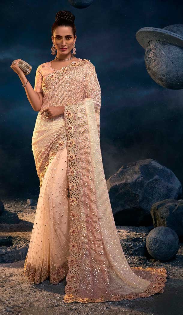 Party Wear Peach Color Imported Diamond Moti Work Saree Blouse -4671156598