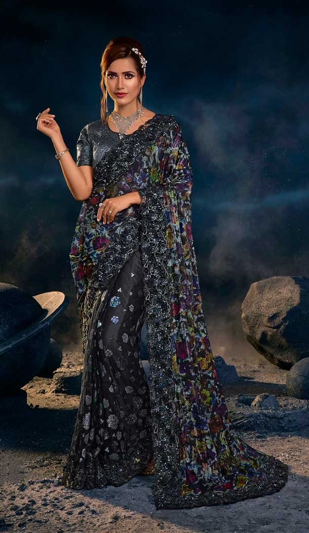 Black Color Imported And Net Diamond Moti Work Designer Wedding Wear Saree Blouse -4671156599