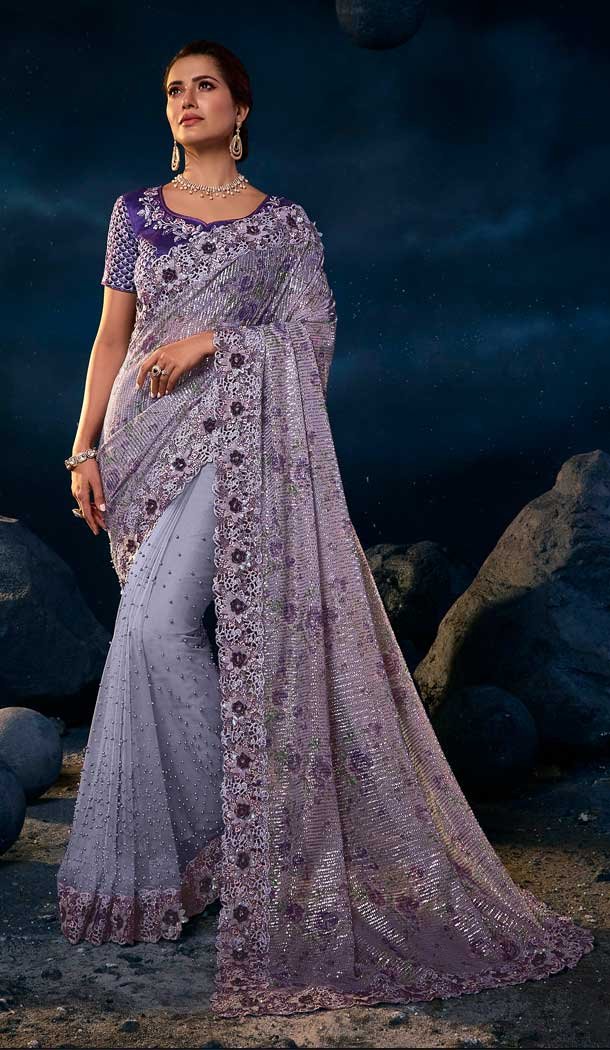 Party Wear Purple Color Imported And Net Diamond Moti Work Saree Blouse -4671156603