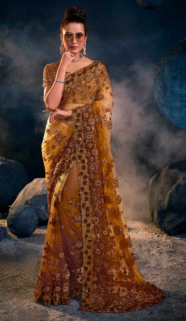 Party Wear Mustard Color Net Diamond Moti Work Saree Blouse -4671156604