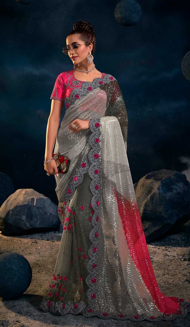 Party Wear Grey Color Imported And Net Diamond Moti Work Saree Blouse -4671156605