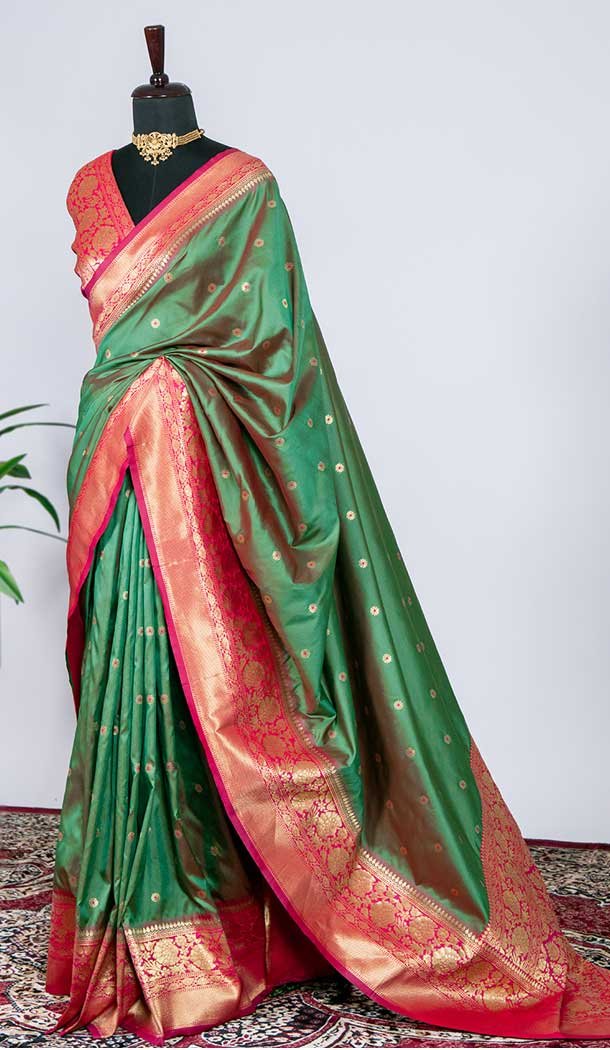 Casual Party Wear Green Color Soft Silk Weaving Zari Work Saree Blouse -4682156666