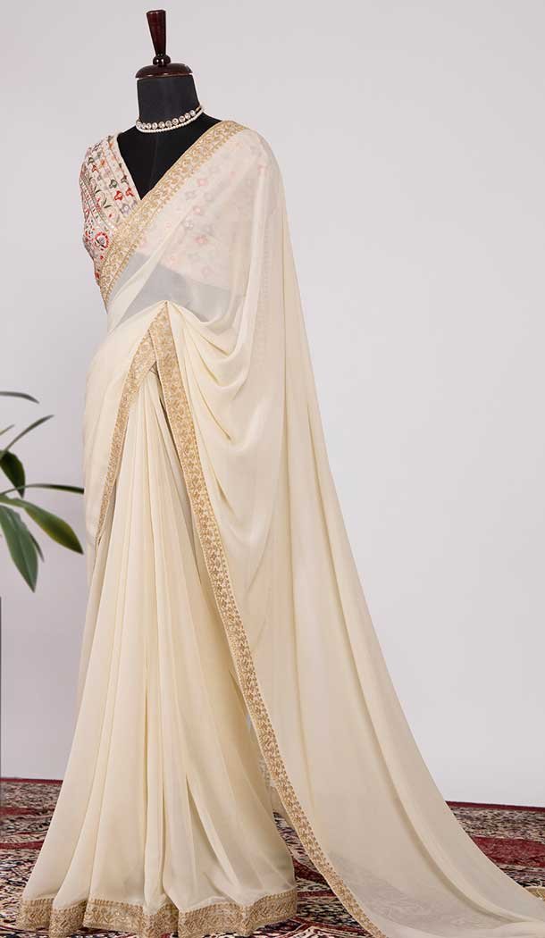 Casual Party Wear Cream Color Georgette Sequins Embroidery Work Saree Blouse -4683156668