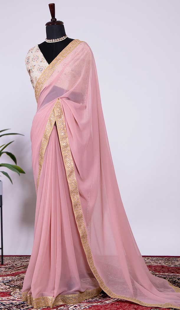 Casual Party Wear Light Pink Color Georgette Sequins Embroidery Work Saree Blouse -4683156670