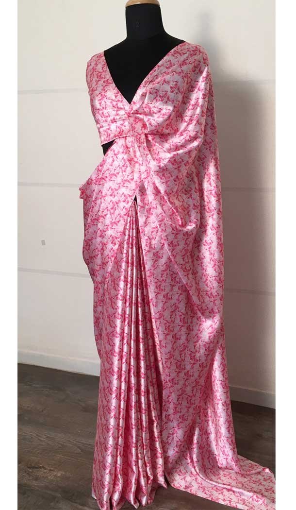 Baby Pink Color Japan Satin Silk Printed Work Casual Party Wear Saree – 4685156676