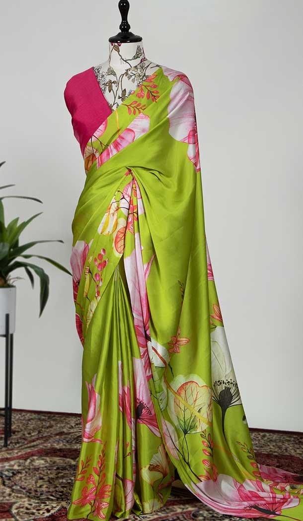 Light Green Color Japan Satin Silk Printed Work Casual Party Wear Saree -4685156682