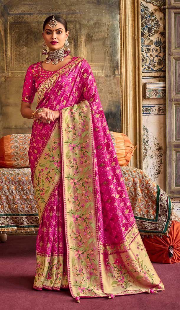 Rani Pink Color Embroidery Work Silk Bridal Wedding Wear Saree Blouse -4670156581