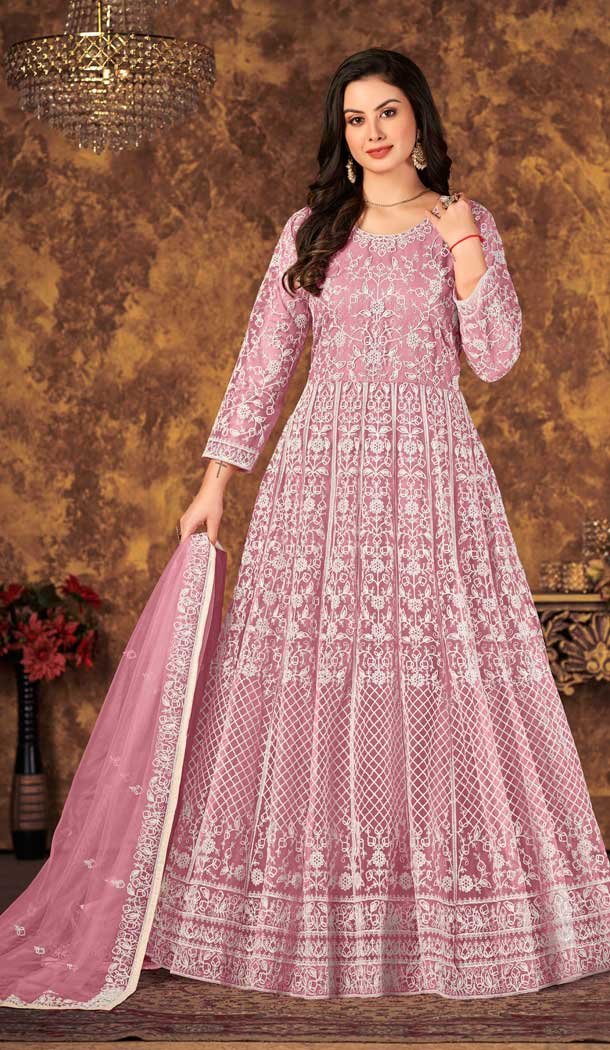 Light Pink Color Net Cording Work Party Wear Long Gown Dress -4695156779