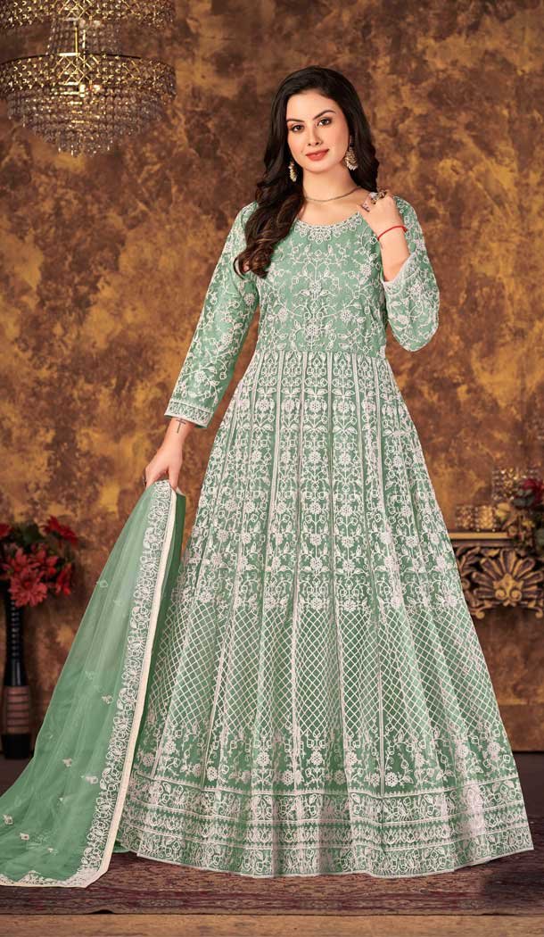 Pista Green Color Net Cording Work Party Wear Long Gown Dress -4695156780