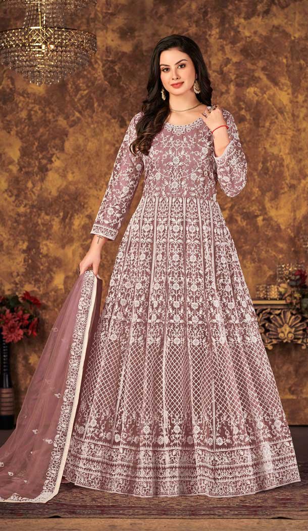 Onion Pink Color Net Cording Work Party Wear Long Gown Dress -4695156781