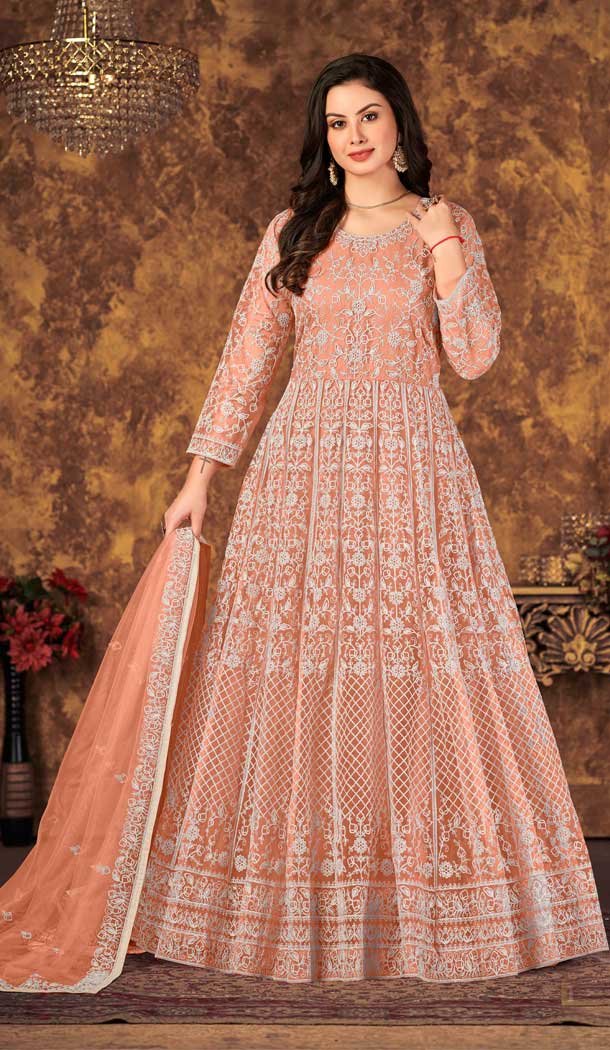 Peach Color Net Cording Work Party Wear Long Gown Dress -4695156782