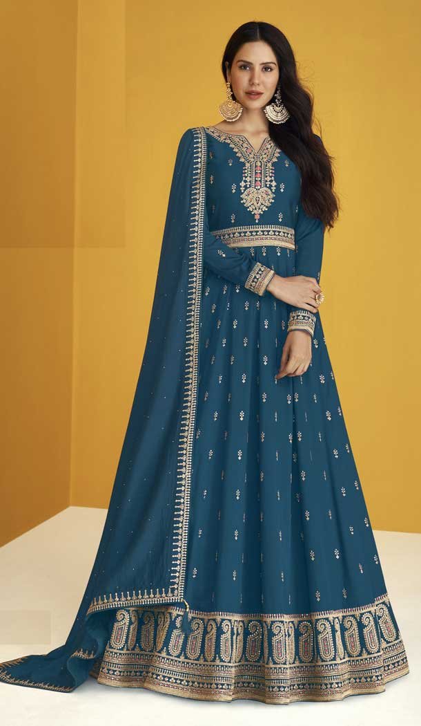 Teal Blue Color Faux Georgette Embroidery Pakistani Style Anarkali Salwar Kameez -4710156911