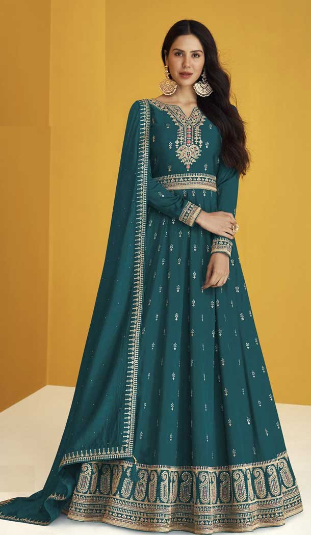 Blue Color Faux Georgette Embroidery Pakistani Style Anarkali Salwar Kameez -4710156913