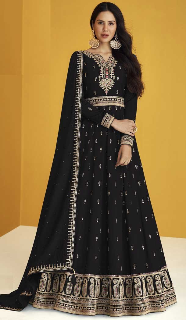 Black Color Faux Georgette Embroidery Pakistani Style Anarkali Salwar Kameez -4710156915