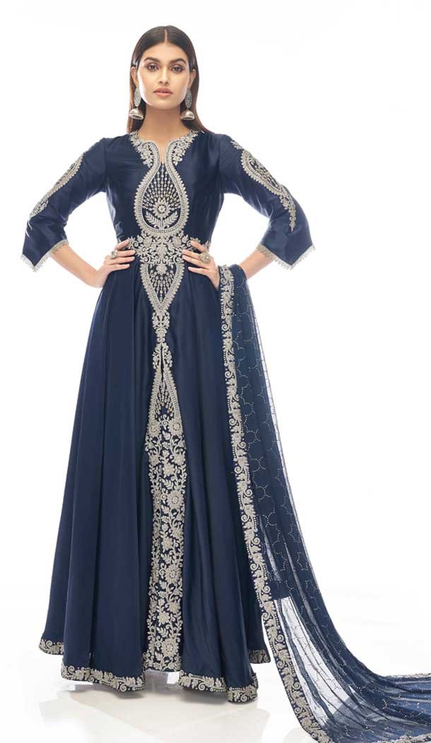 Navy Blue Color Swarovski Work Japanese Satin Designer Salwar Kameez -4727157024