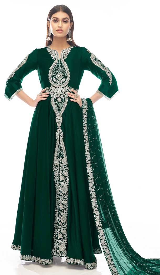 Fascinating Green Color Swarovski Work Japanese Satin Designer Salwar Kameez -4727157026