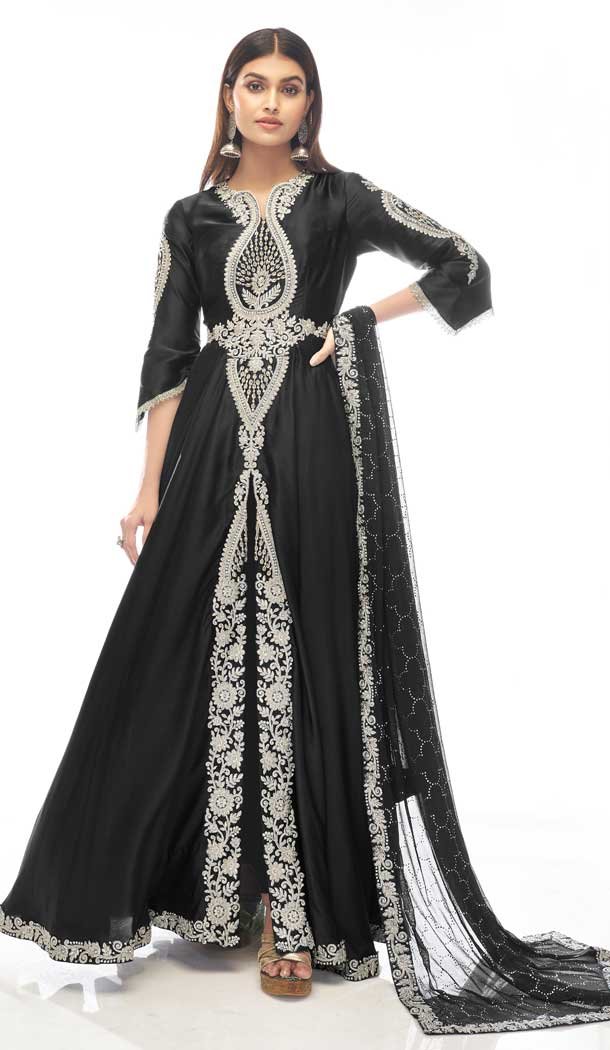 Black Color Swarovski Work Japanese Satin Designer Salwar Kameez -4727157027