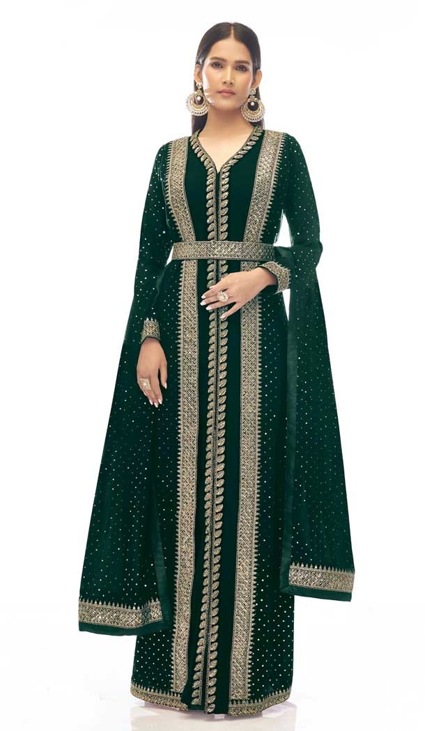 Hand Stone Work Georgette Green Color Party Wear Long Salwar Kameez -4728157028