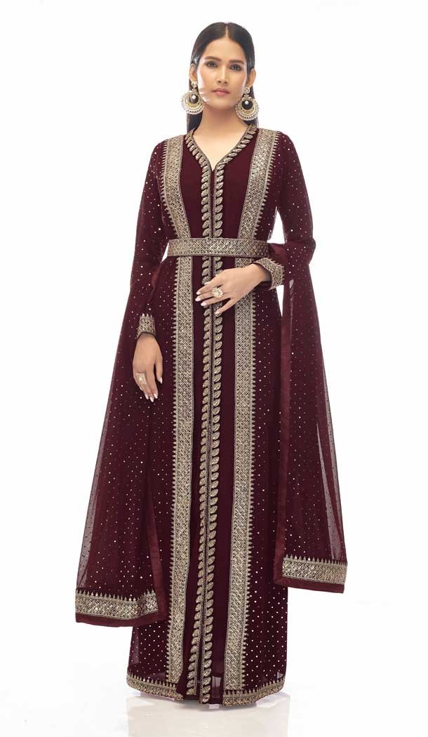 Hand Stone Work Georgette Maroon Color Party Wear Long Salwar Kameez -4728157030