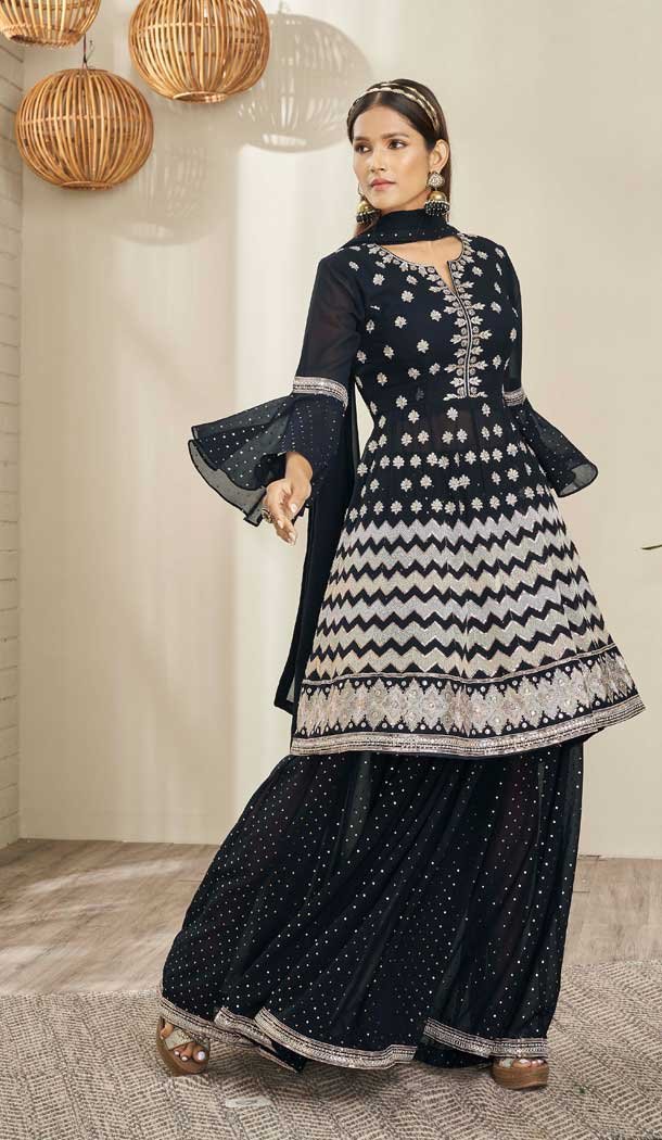 Hand Stone Work Georgette Navy Black Color Party Wear Lehenga Style Suit -4729157032